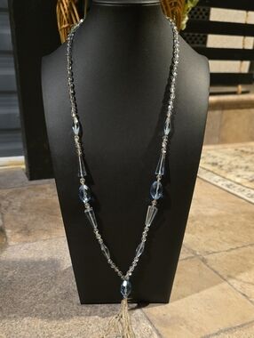 Crystal Bead Long Necklace with Tassel - Clear